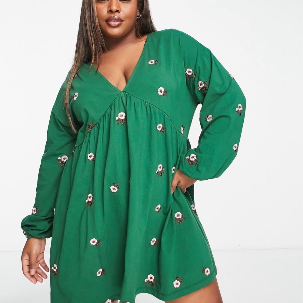 ASOS Design Curve V Neck Smock Mini Dress Green Daisy Embroidered 14 Boho